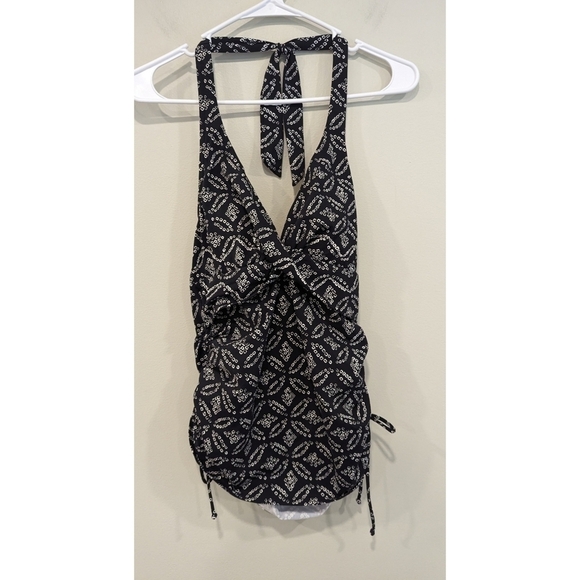 Lands' End Black and White Halter Neck Ruched Side Tankini Top Size 6 - Picture 1 of 5